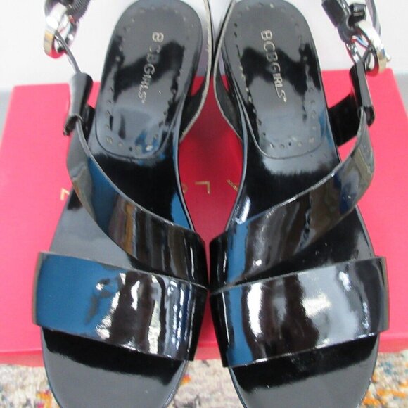 BCBG Girls Patty Women 7 Black Sandals Open Toe Wedge Heel Chunky y2k Brat 548 - Picture 2 of 9
